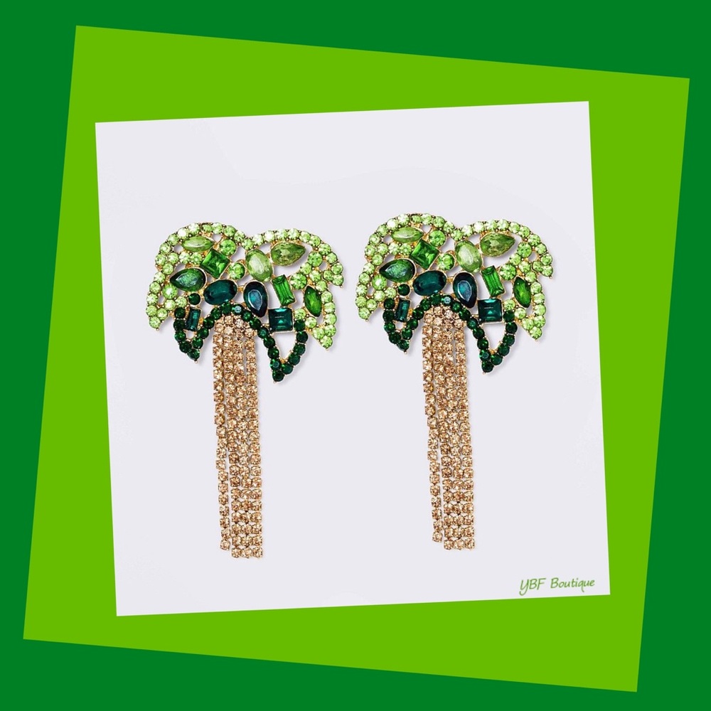 New Green & Gold Rhinestone Palm Tree Statement Post Fashion Earrings